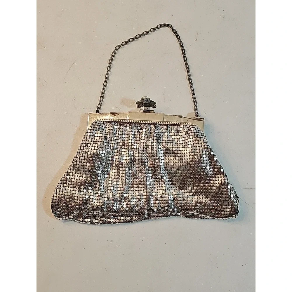 Vtg Whiting & Davis Silver Tone Mesh Evening Bag Purse Clutch w Rhinestone Clasp